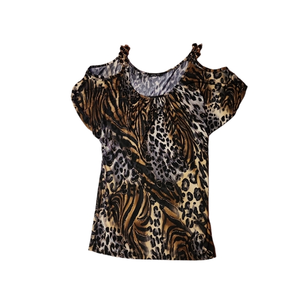 lisa paris Tops - Lisa Paris multi color animal print cold shoulder with bead straps